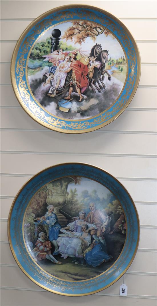 Two large Sevres style porcelain chargers diameter 57cm